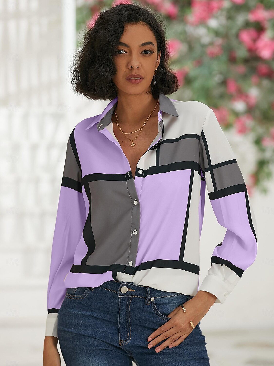 Camicia Donna Moda Flanella Stampa Bottoni Maniche Lunghe Top Regolari Collo Camicia Casual Rosa Viola Primavera Autunno del 2025 a $32.99 –P3