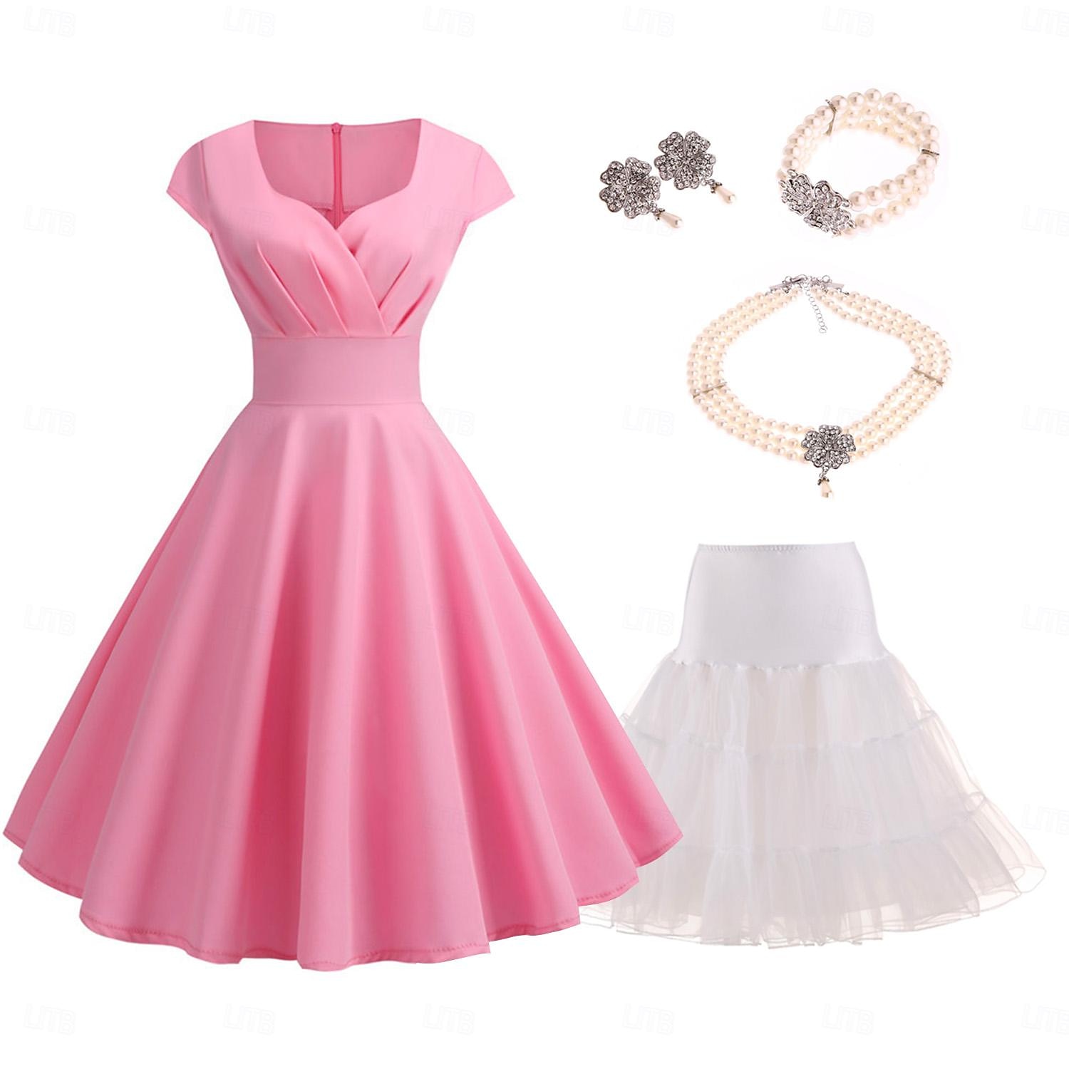 conjunto com vestido vintage flare colar de pérolas falsas brincos pulseira com anágua tutu sob a saia 1950 anos 1960 rockbility vestido retrô vintage feminino 6 peças roupas primavera verão roupa de 2025 por $48.99 –P4