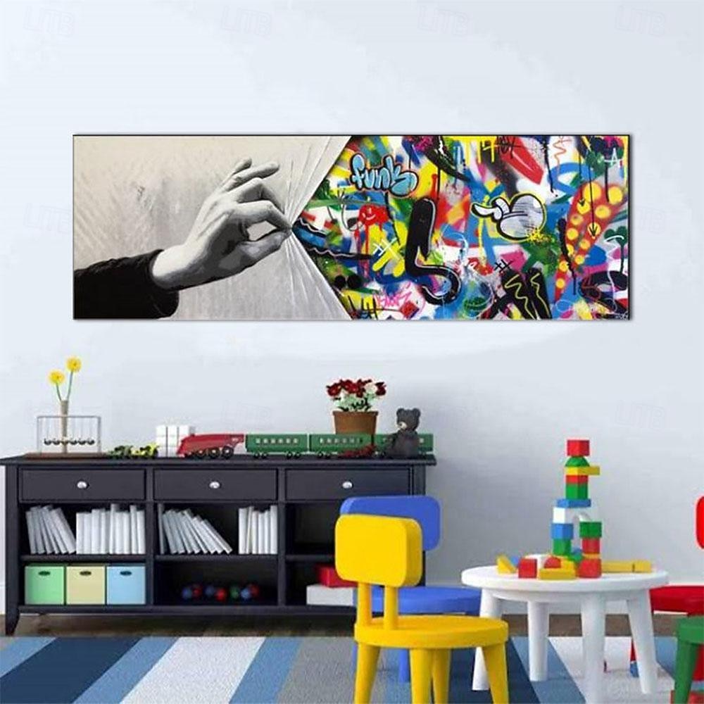 Handmade Hand Painted Wall Art Behind the Curtain Kid graffiti art Banksy Wall Art Urban Style Canvas Decor Rolled Canvas No Frame Unstretched 2025 - $108.99 –P5