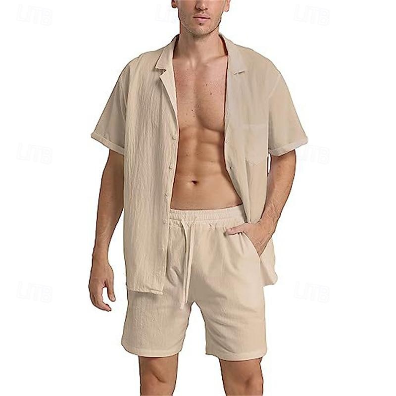 Voor heren Overhemd linnen overhemd Katoenen linnen overhemd Wit katoenen overhemd Overhemdset Zomer overhemd Effen Feestdagen Alledaagse kleding Zwart Wit Khaki Leger Groen Korte mouw Kamp kraag 2025 - $26.99 –P5