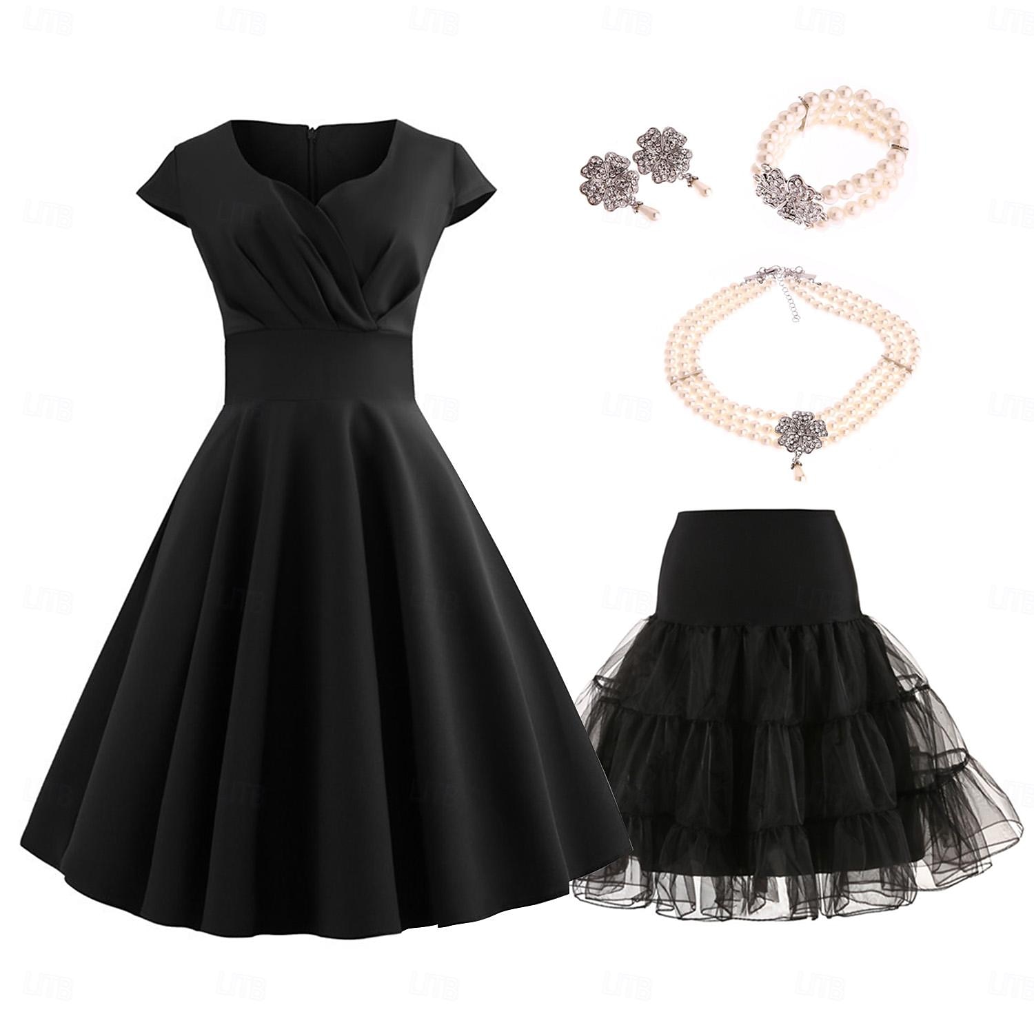 conjunto com vestido vintage flare colar de pérolas falsas brincos pulseira com anágua tutu sob a saia 1950 anos 1960 rockbility vestido retrô vintage feminino 6 peças roupas primavera verão roupa de 2025 por $48.99 –P3