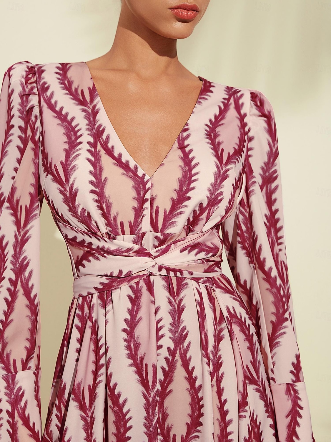 Per donna Orlo maxi Raso Maxi Vestito maxi SALMONE Bianco Manica lunga Modello di piante Fiore / Piante Pulsante pianta Primavera A V Abito volante S M L del 2025 a $93.99 –P11