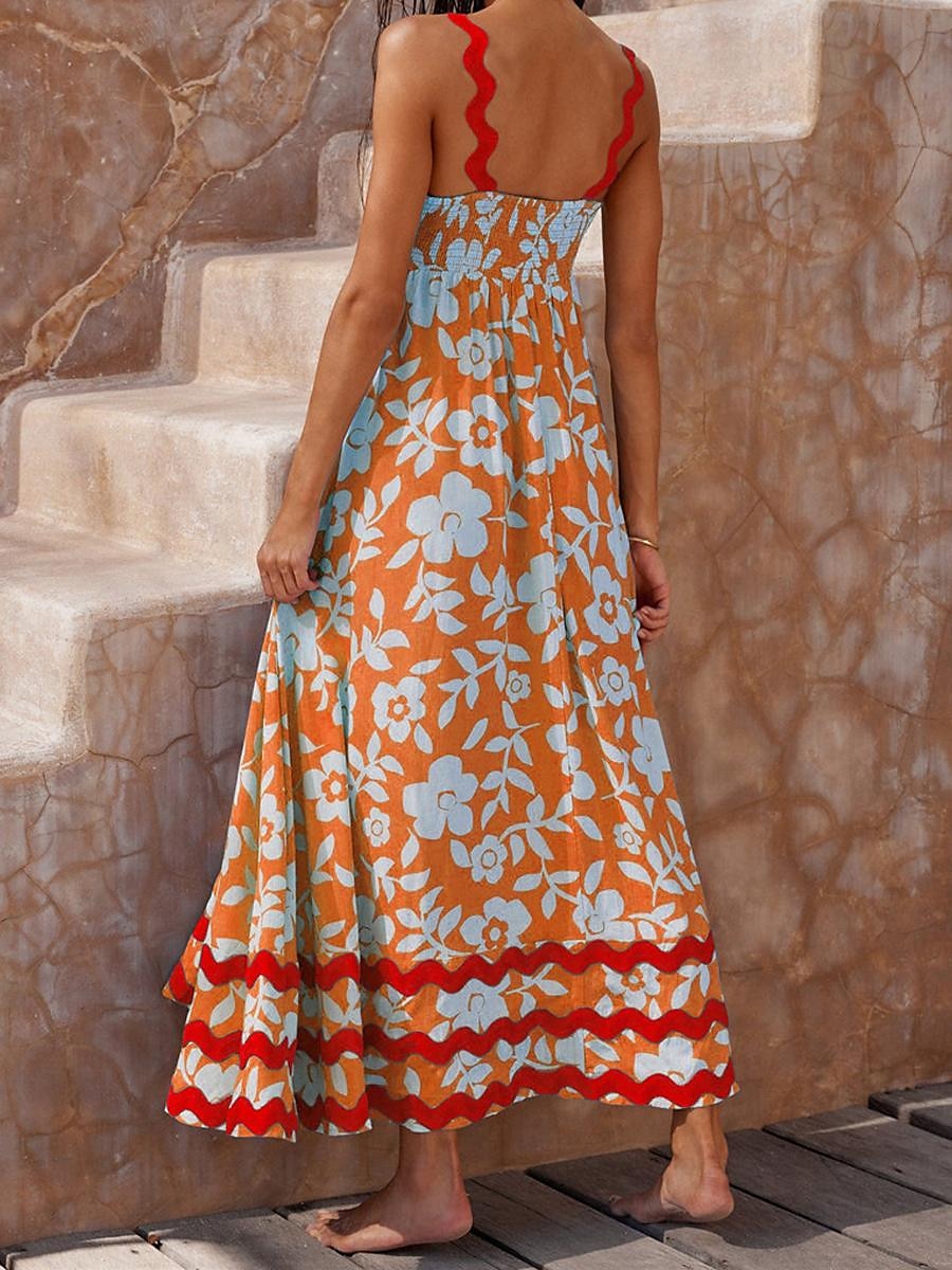 Damen Freizeitkleid Unterkleid Strandkleid Blumen rückenfrei Print Träger langes Kleid Maxikleid tropischer Hawaiiurlaub ärmellos Sommer 2025 - $41.99 –P15