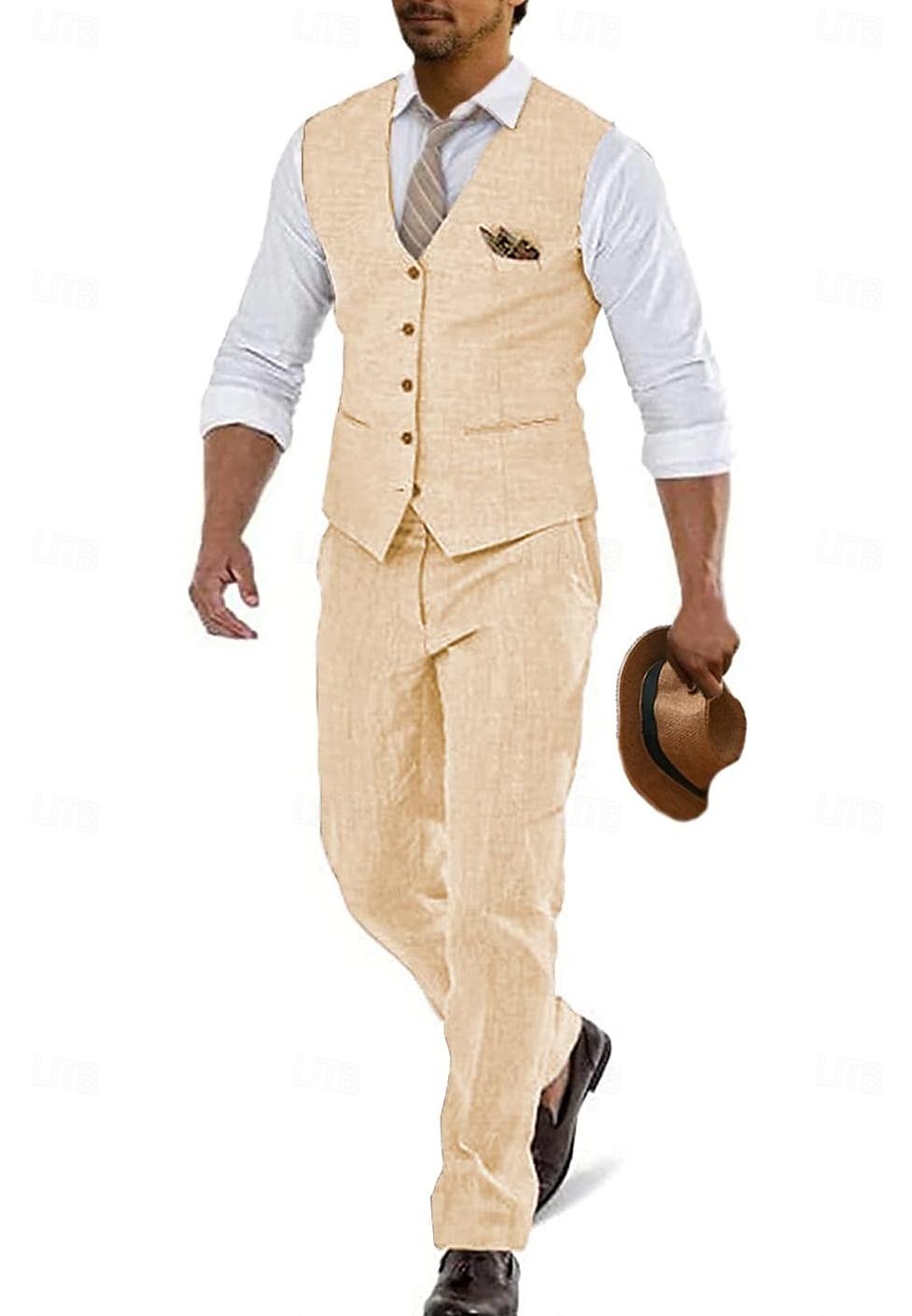 Men's Wedding Linen Suits Pea Green White Summer Solid Colored Tailored Fit 2 Piece 2025 - $102.99 –P1