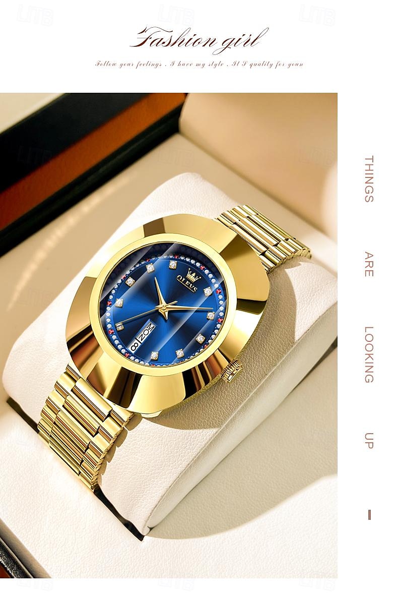 OLEVS Women's Watches Luxury Gold Large Dial Original Wristwatch for Girl Waterproof Luminous Fashionable Diamond Dial Date Week 7017 2025 - $46.99 –P5
