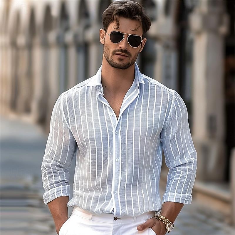 Hombre Raya Diseño Geométrico Abotonar la camisa Camisas estampadas Manga Larga Informal de negocios Calle Usar para trabajar Ropa Cotidiana Primavera verano Cuello Vuelto Estampado Abotonar Azul 2026 - $26.99 –P4