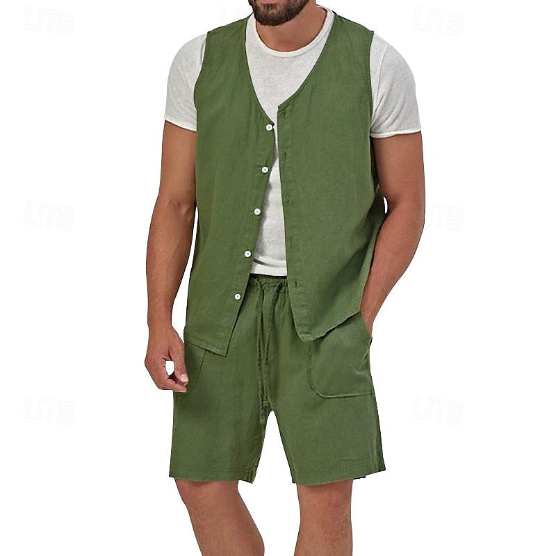 Men's Linen Shorts Summer Shorts Beach Shorts Set Pocket Drawstring Elastic Waist Plain Comfort Breathable Short Holiday Vacation Beach Hawaiian Boho Black Yellow 2025 - $34.99 –P3
