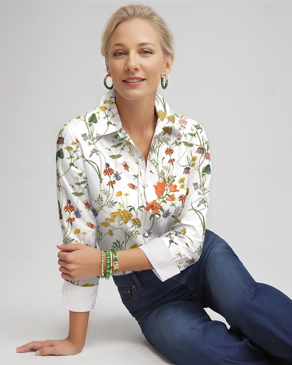 Camicia da donna a maniche lunghe con bottoni Blusa di moda Streetwear floreale Bottoni stampa Top regolari Colletto casual Vacanze Bianco Primavera e Autunno del 2026 a $32.99 –P1