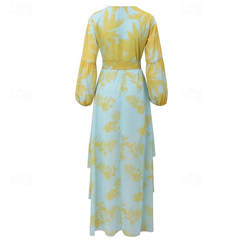Robe balançoire femme boho robe longue robe maxi robe bleu jaune vert clair floral à lacets manches lanterne printemps été robe profonde v ourlet irrégulier week-end coupe ample 2023 s m l xl xxl de 2025 ? $40.99 –P2