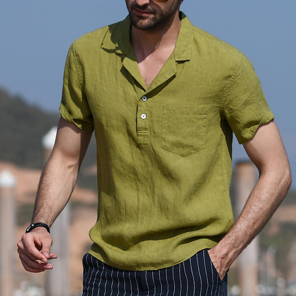 Men's Shirt Linen Shirt Popover Shirt Summer Shirt Beach Wear Casual Shirt Solid Color Vacation Street Black White Yellow Green Short Sleeve Shirt Collar Summer Spring Clothing Apparel Pocket 2025 - $20.99 –P5