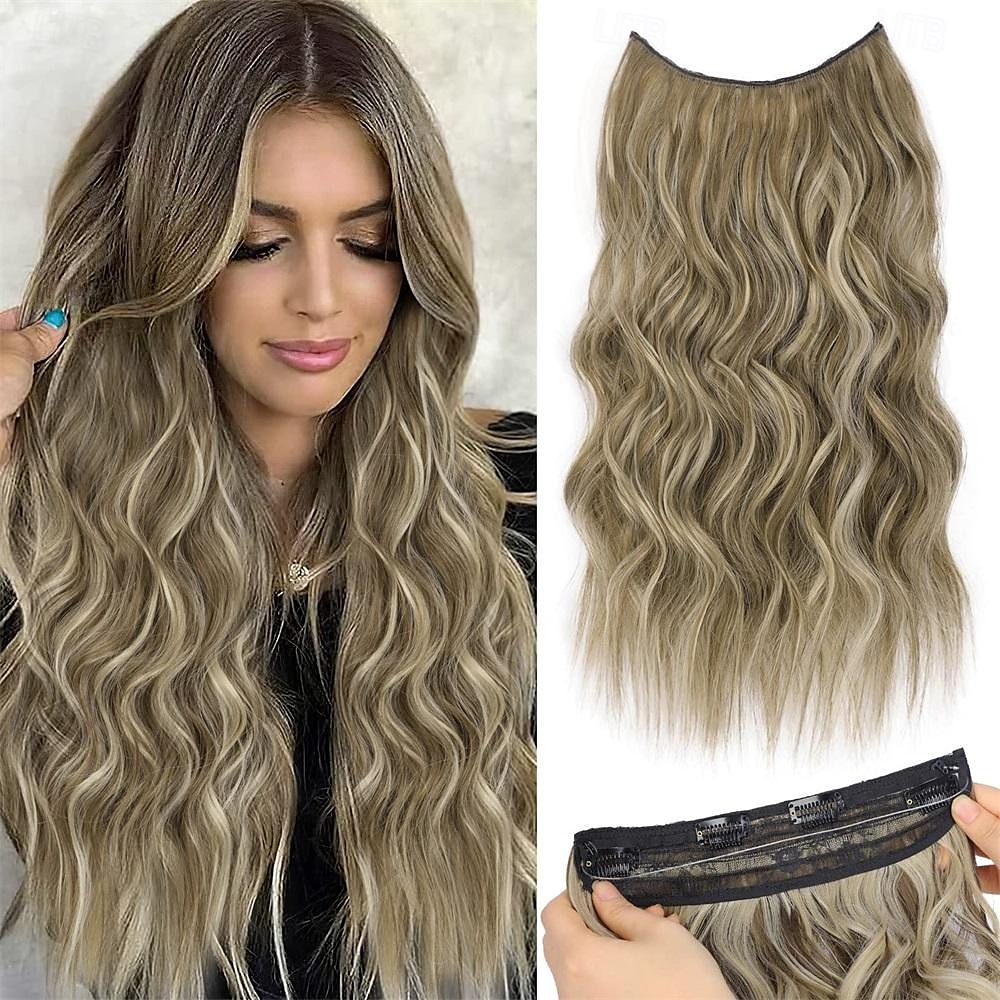 Extensiones de cabello de alambre invisible con 4 clips seguros, diadema transparente, postizos sintéticos ondulados largos de tamaño ajustable para mujeres 2025 - $11.99 –P5
