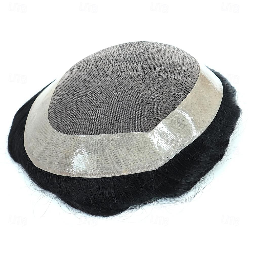 Toupet für Männer mit 100 % reinem Echthaar, Mono-Oberteil mit Poly-Beschichtung um die Kappe, Herren-Perücke, Basisgröße 6 x 8 Zoll, natürliche Wellen-Haarteile, Ersatz für Männer, System aus Schwarz 2025 - $156.99 –P4