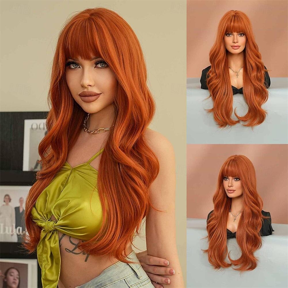 lunghe parrucche ondulate viola con frangia 26 pollici ricci sintetici parrucche ombre resistenti al cuore per le donne cosplay di feste quotidiane usate del 2025 a $21.99 –P8