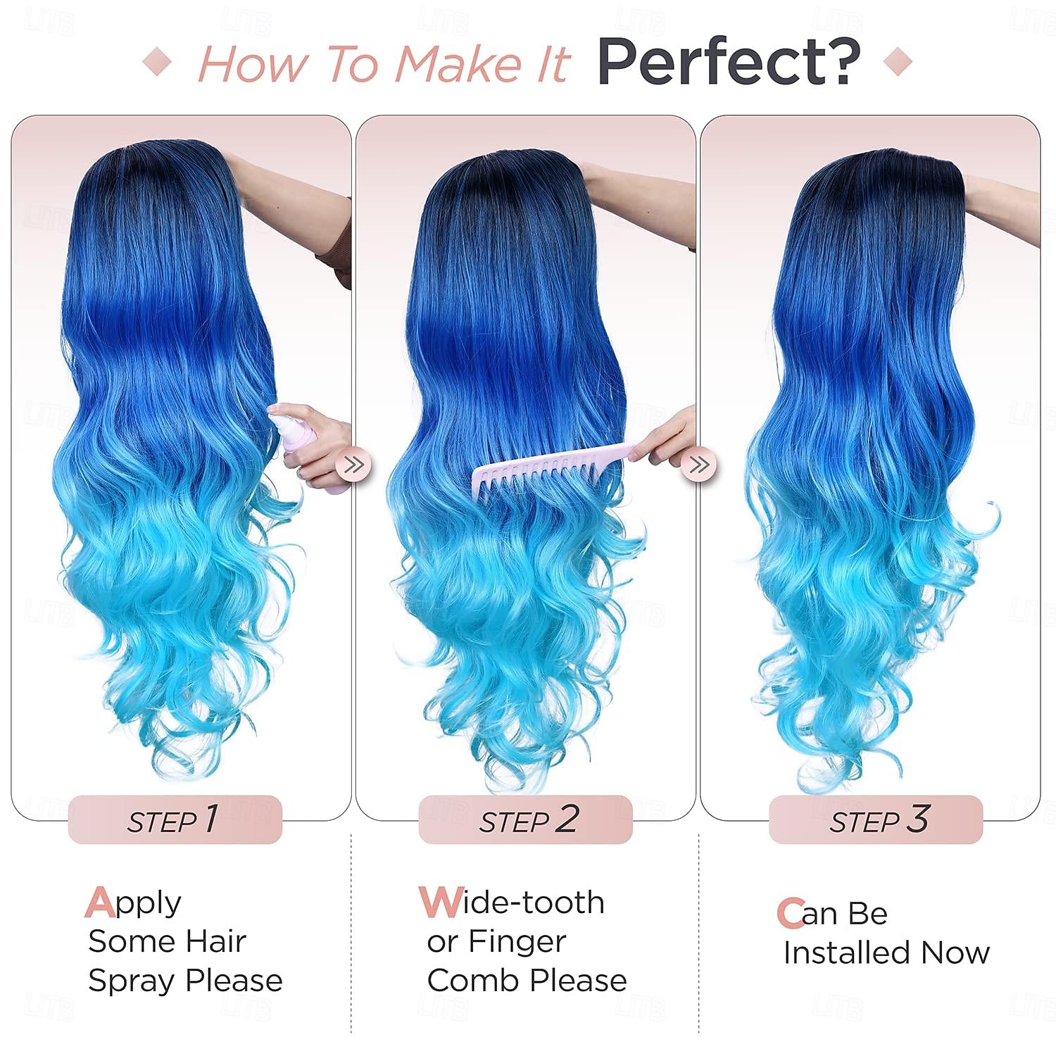 Hosszú kék hullámos parókák nőknek ombre kék tengerész haj parókák hosszú göndör szintetikus haj mindennapi vagy cosplay Halloween parókákhoz 2025 - $21.99 –P6