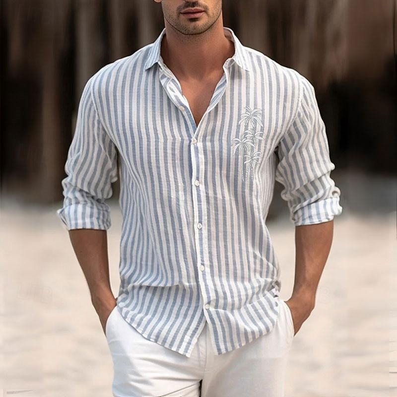Hombre Raya Diseño Geométrico Abotonar la camisa Camisas estampadas Manga Larga Informal de negocios Calle Usar para trabajar Ropa Cotidiana Primavera verano Cuello Vuelto Estampado Abotonar Azul 2026 - $26.99 –P1