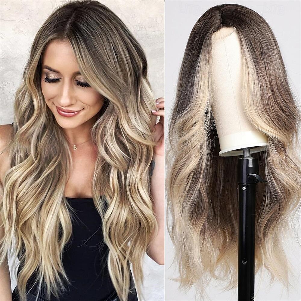 Parrucca ondulata lunga marrone con riflessi per le donne Parrucca ondulata riccia con parte centrale Parrucca in fibra sintetica resistente al calore dall'aspetto naturale per l'uso quotidiano nelle del 2025 a $25.99 –P6