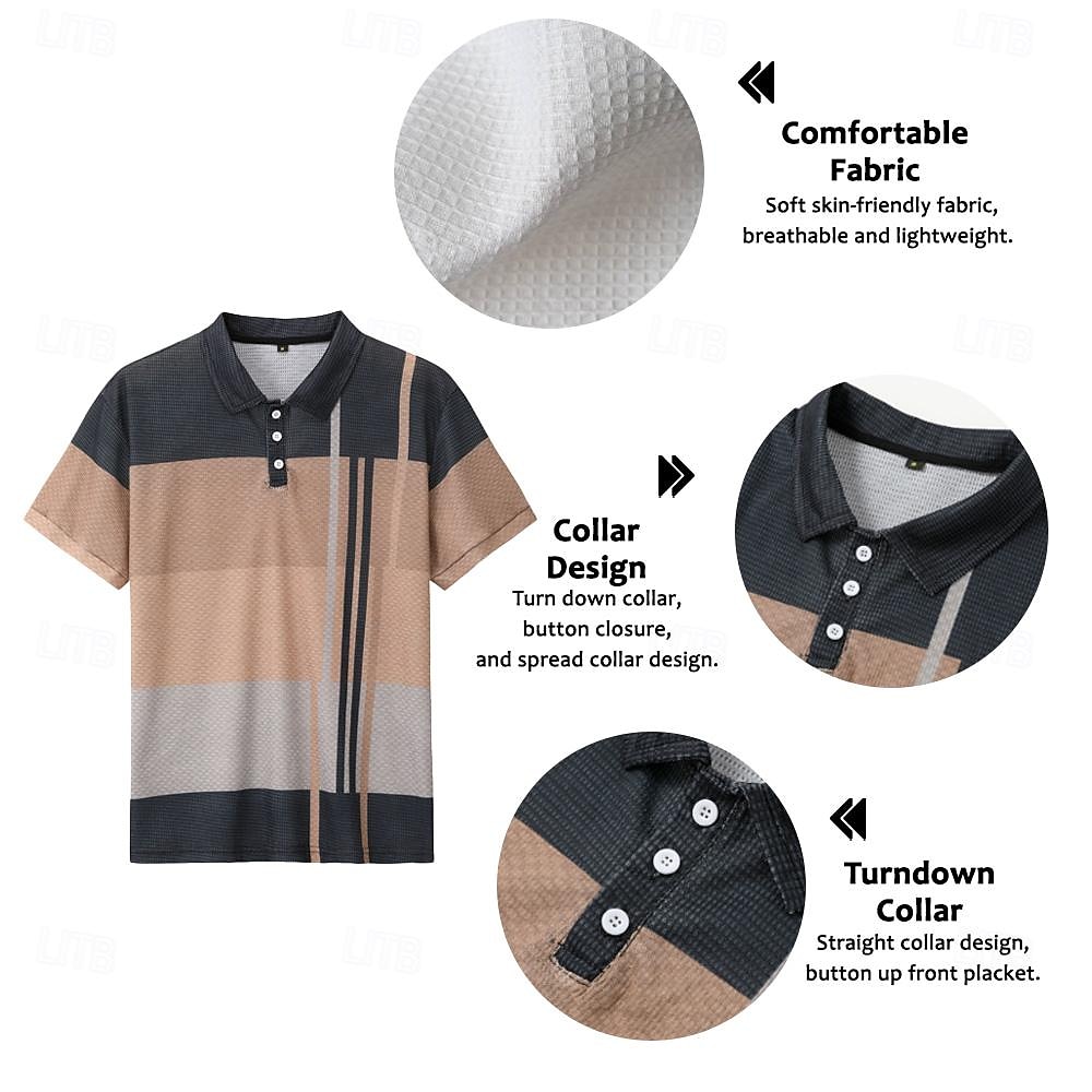 Men's Plaid Waffle Polo Shirts Golf Shirt Short Sleeve Polo Shirts Collared Shirts Vintage Casual Vacation Wear Formal Wear Festival Wear Buttons 3D Print Light Yellow Light Pink Black-White 2025 - GBP £18 –P5