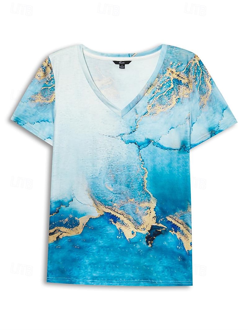 t-shirt basique fluo pour femme&hauts à manches courtes à imprimé abstrait lumineux, col en V, quotidien, week-end, jaune, bleu, or, bleu clair de 2025 ? $21.99 –P10