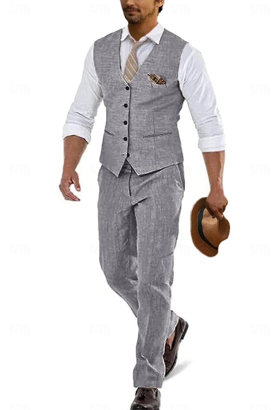 Men's Wedding Linen Suits Pea Green White Summer Solid Colored Tailored Fit 2 Piece 2025 - $102.99 –P2