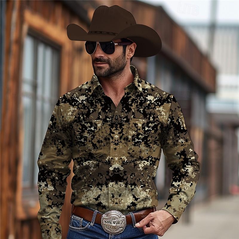 Hombre camuflaje camisa occidental Camisa vaquera Manga Larga Vintage estilo occidental Tribal Exterior Vacaciones Carrera de caballos Primavera verano Cuello Vuelto Estampado Abotonar Azul Marino 2026 - $35.99 –P2