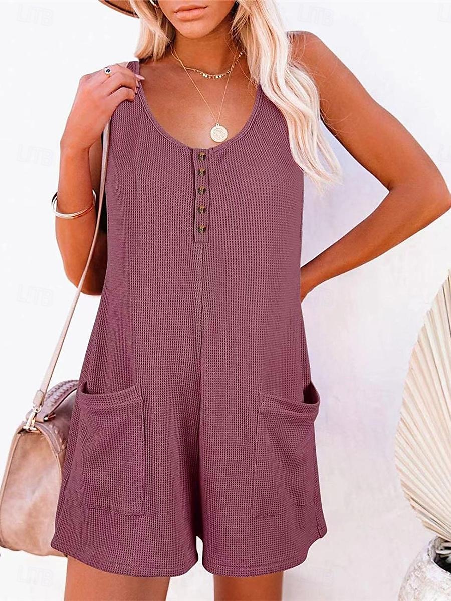 Dam Vanligt Jumpsuits Streetwear Ensfärgat Ärmlös V-hals Knappar Ficka Gata Dagligen Normal Svart Rodnande Rosa Vin Sommar 2025 - $22.99 –P7