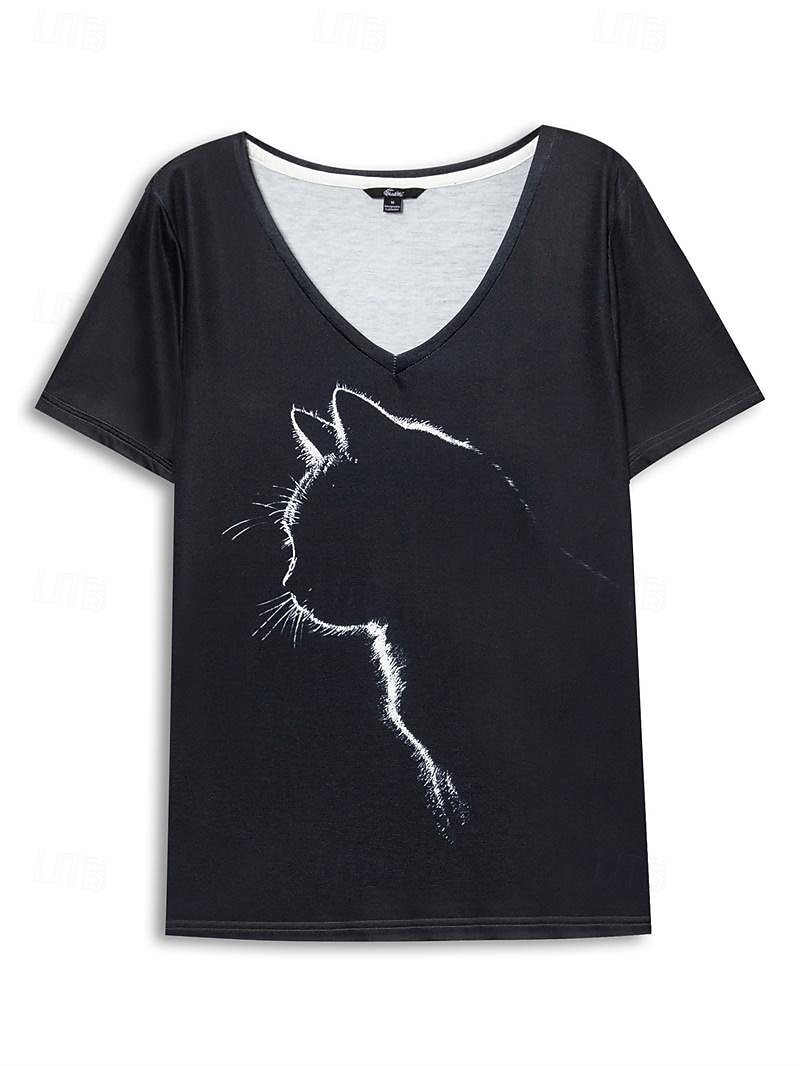 Women's T shirt Tee Black Graphic Cat Print Short Sleeve Daily Weekend Basic V Neck Regular 3D Cat S 2026 - $21.99 –P2
