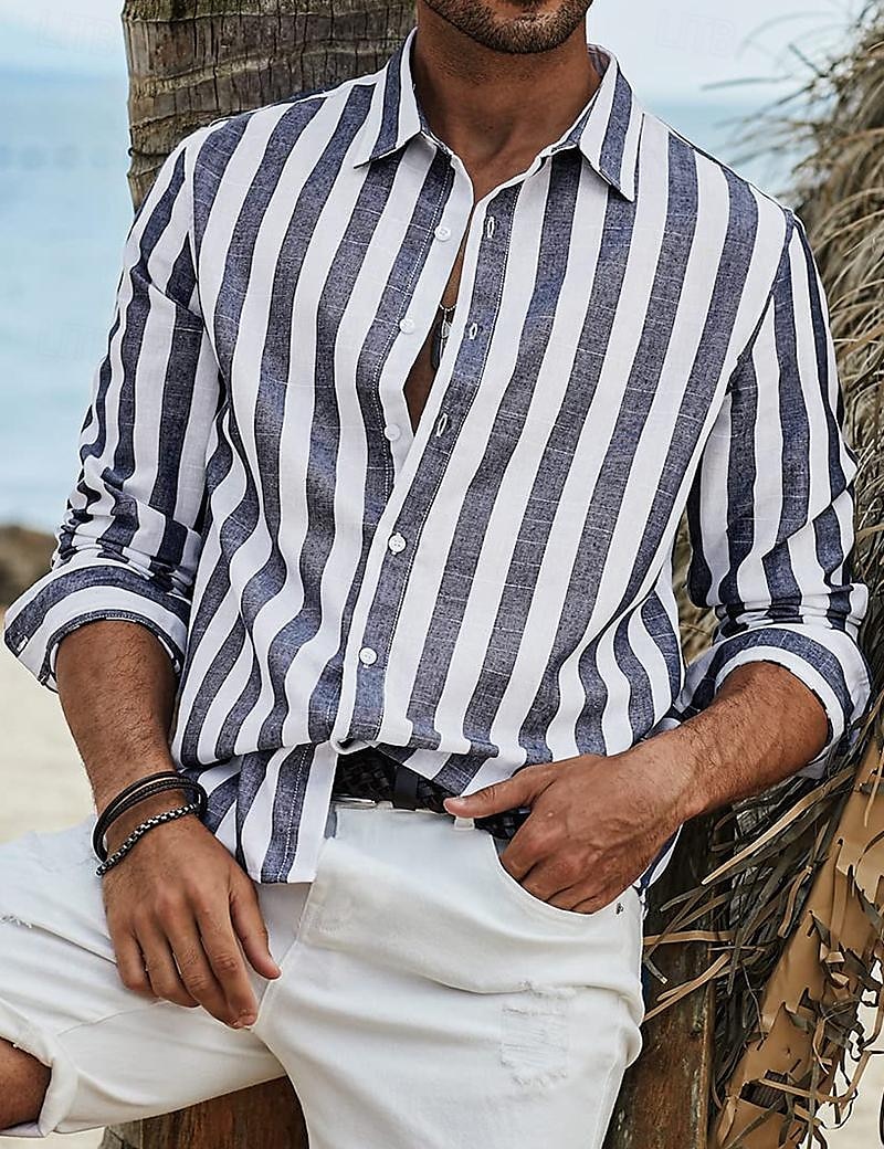 Men's Shirt Linen Shirt Summer Shirt Beach Shirt Cotton Linen Shirt Striped Shirts Striped Vacation Hawaiian Yellow Red Blue Green Long Sleeve Turndown Spring &  Fall Clothing Apparel Button-Down 2025 - $28.99 –P11