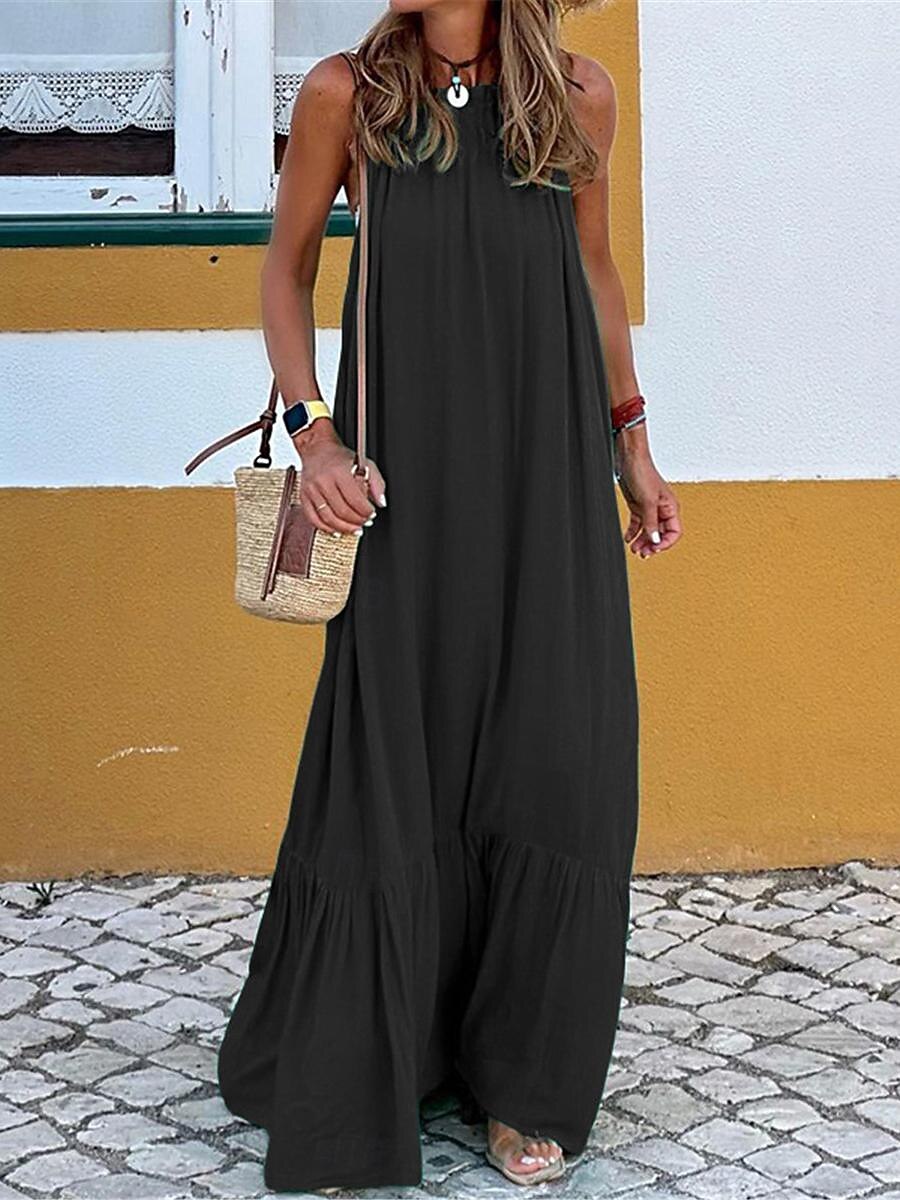Women's Casual Dress Long Dress Maxi Dress Ruched Vacation Beach Streetwear  Maxi Halter Neck Sleeveless Black Red Green Color 2026 - $26.99