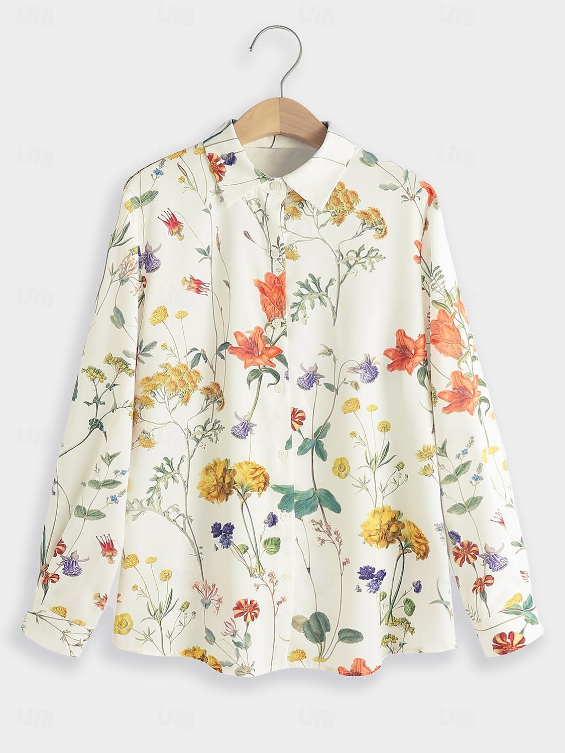 Camicia da donna a maniche lunghe con bottoni Blusa di moda Streetwear floreale Bottoni stampa Top regolari Colletto casual Vacanze Bianco Primavera e Autunno del 2026 a $32.99 –P2