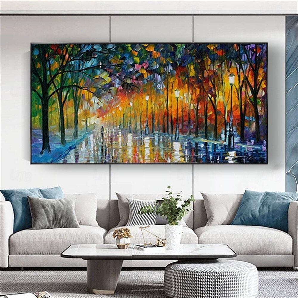 Streichmessergemälde, handgemaltes Paar mit Regenschirm, das unter den Lichtern der Bäume läuft, Ölgemäldeeffekt, aufrollbare Leinwandkunst, Wandkunst, Gemälde, Straße, Spaziermesser, 2025 - $66.99 –P2