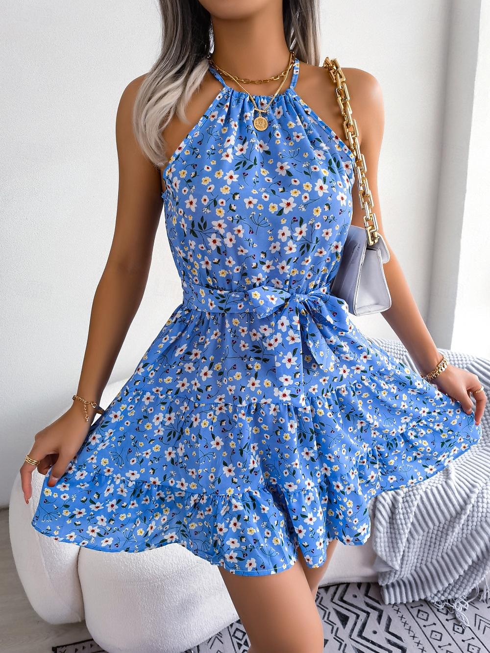 Women's Mini Dress Casual Dress Swing Dress Summer Dress Streetwear Vacation  Holiday Beach Regular Fit Floral Sleeveless Halter Neck Pink Blue Purple  Summer 2026 - $26.99