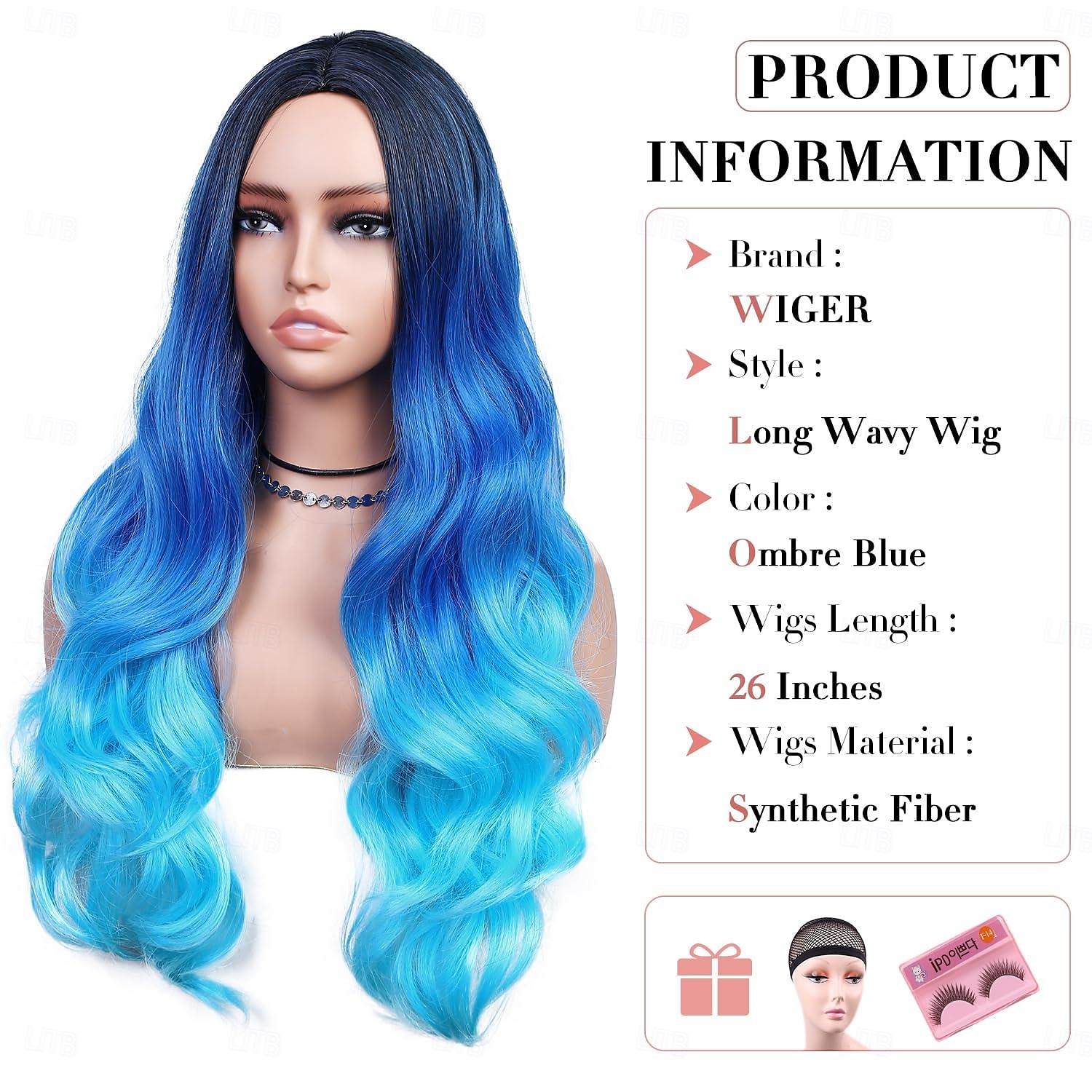 Hosszú kék hullámos parókák nőknek ombre kék tengerész haj parókák hosszú göndör szintetikus haj mindennapi vagy cosplay Halloween parókákhoz 2025 - $21.99 –P2