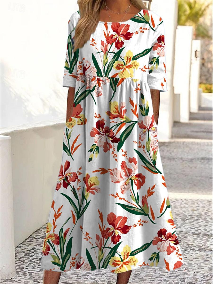 rochie maxi dama imprimeu floral maneca scurta decolteu albastru deschis casual elegant primavara vara petrecere in gradina imbracaminte de plaja imbracaminte marime 2025 - $25.99 –P4