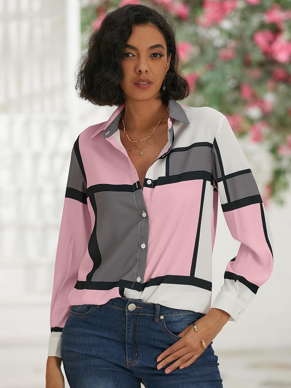 Camicia Donna Moda Flanella Stampa Bottoni Maniche Lunghe Top Regolari Collo Camicia Casual Rosa Viola Primavera Autunno del 2025 a $32.99 –P10