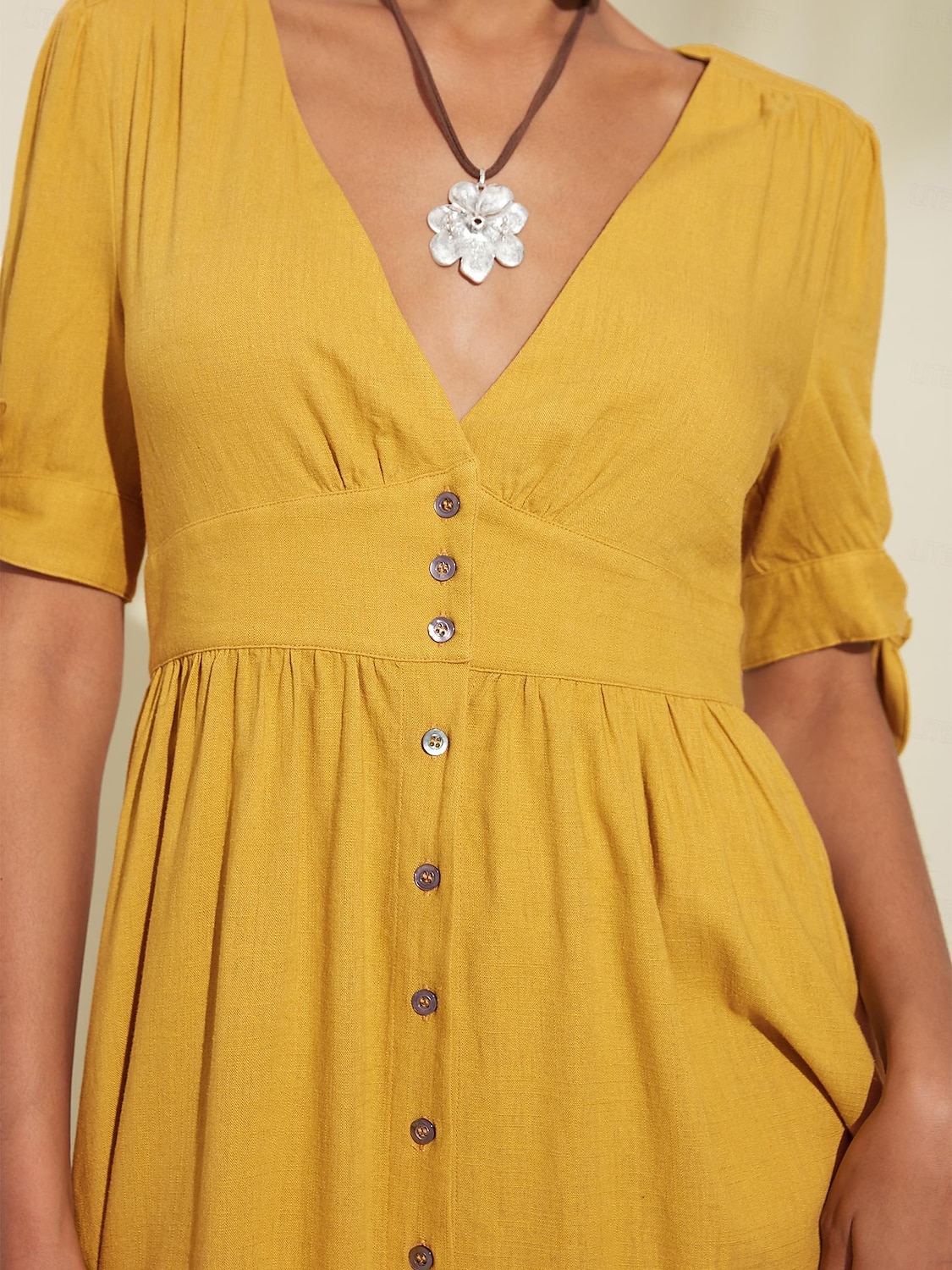Women's Linen Blend Yellow Bow Detail Midi Tea Dress 2025 - $69.99 –P3