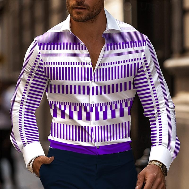 Miesten Raita Geometrinen printti Geometria Painetut paidat Pitkähihainen Business Casual Katu Käytä töihin Arki-asut Kevät kesä Sänkyjen avaus Painettu Painike alas Sininen Purppura 2026 - $28.99 –P4