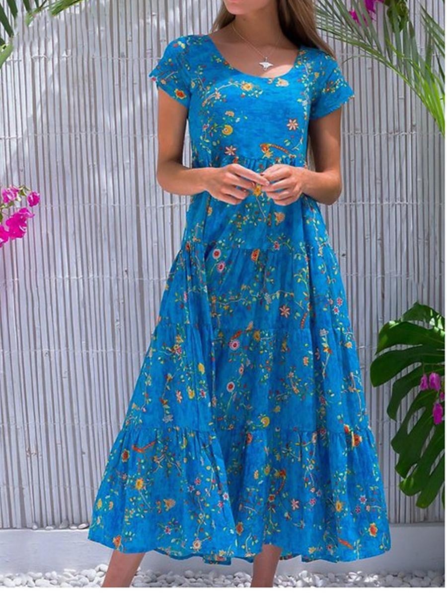 Női EU / USA méret Hosszú ruha Maxi ruha Swing ruha Fodros ruha Boho ruha Tropikus Boho Otthon Szabadság Normál Virágos Ditsy virágos Rövid ujjú Terített nyak Bor Medence Lóhere Nyár Ősz 2025 - $35.99 –P1