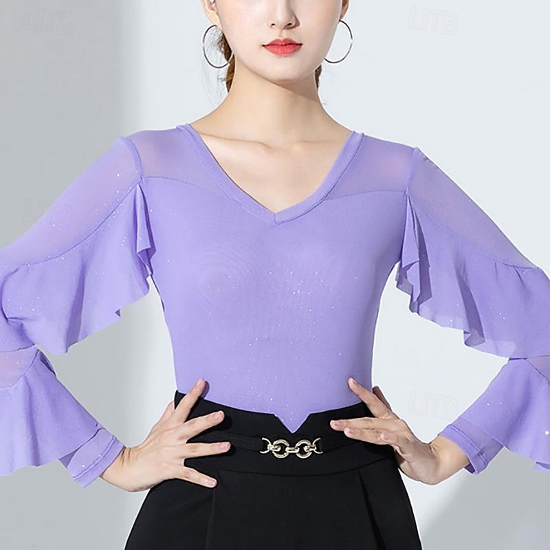 رقص الصالة ألبسة رياضية / قمصان الرضعثوب الراقص كشاكش لون نقي ربط نسائي أداء التدريب كم طويل ارتفاع عال نايلون 2026 - $47.99 –P4