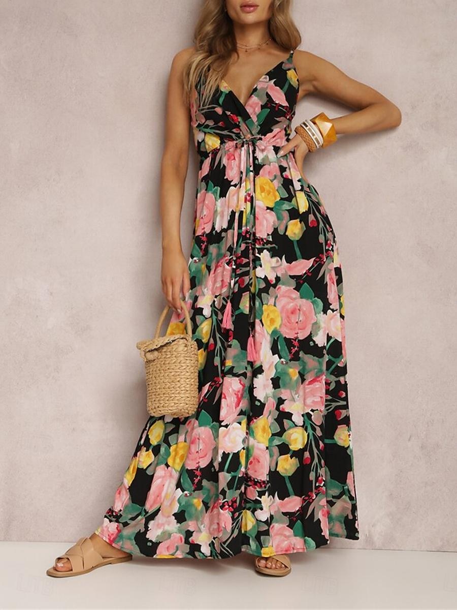 Damen Freizeitkleid Unterkleid Blumen rückenfrei Print Träger langes Kleid Maxikleid Hawaii Urlaub Strand ärmellos Sommer 2025 - $41.99 –P9