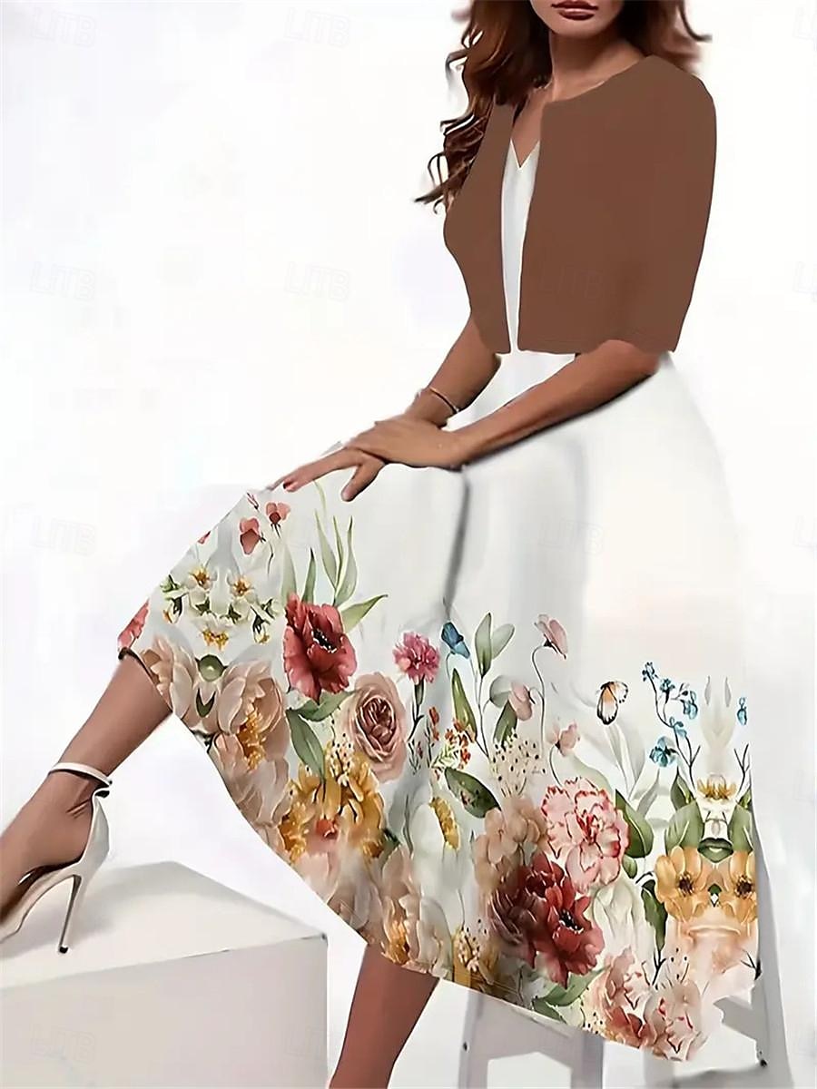 Pentru femei Set de rochii Rochie casual Rochie leagăn Rochie imprimata Modă Modern Floral Imprimeu Rochii Midi Manșon Jumate În V În aer liber Dată Alb Albastru regal Albastru piscină Vară Fit 2025 - $38.99 –P2