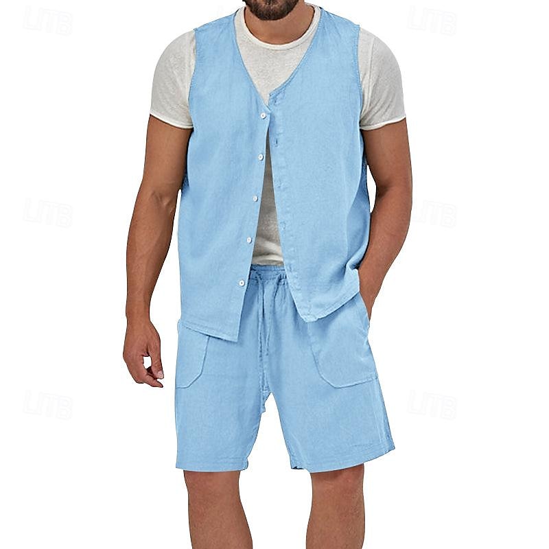 Men's Linen Shorts Summer Shorts Beach Shorts Set Pocket Drawstring Elastic Waist Plain Comfort Breathable Short Holiday Vacation Beach Hawaiian Boho Black Yellow 2025 - $34.99 –P4