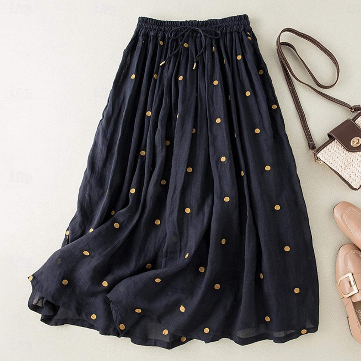 Femme Jupe Trapèze Mode Décontractées Maxi Taille haute Jupes Pois Imprimer Casual Quotidien Fin de semaine Jaune bleu marine Marron Vert Eté Coton et lin de 2025 ? $46.99 –P17