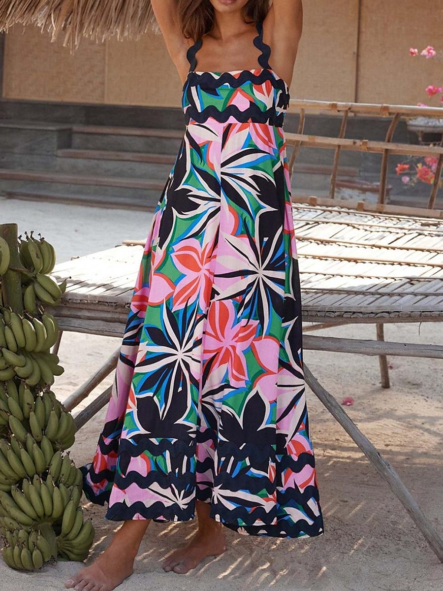 Damen Freizeitkleid Unterkleid Strandkleid Blumen rückenfrei Print Träger langes Kleid Maxikleid tropischer Hawaiiurlaub ärmellos Sommer 2025 - $41.99 –P5