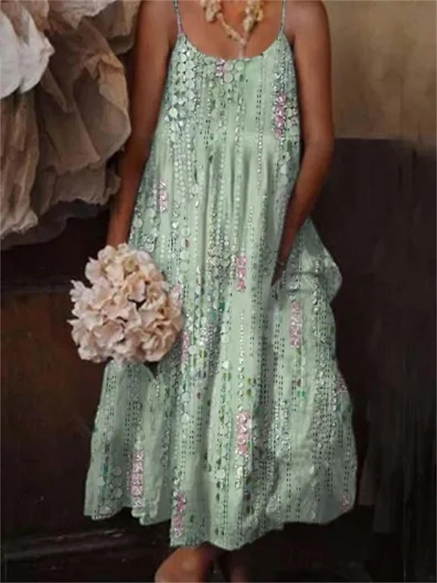 kvinnors boho maxi klänning spaghetti rem lapptäcke geometriska blommönster casual strand solklänning flerfärgad fri storlek vår sommar kläder 2025 - $41.99 –P3