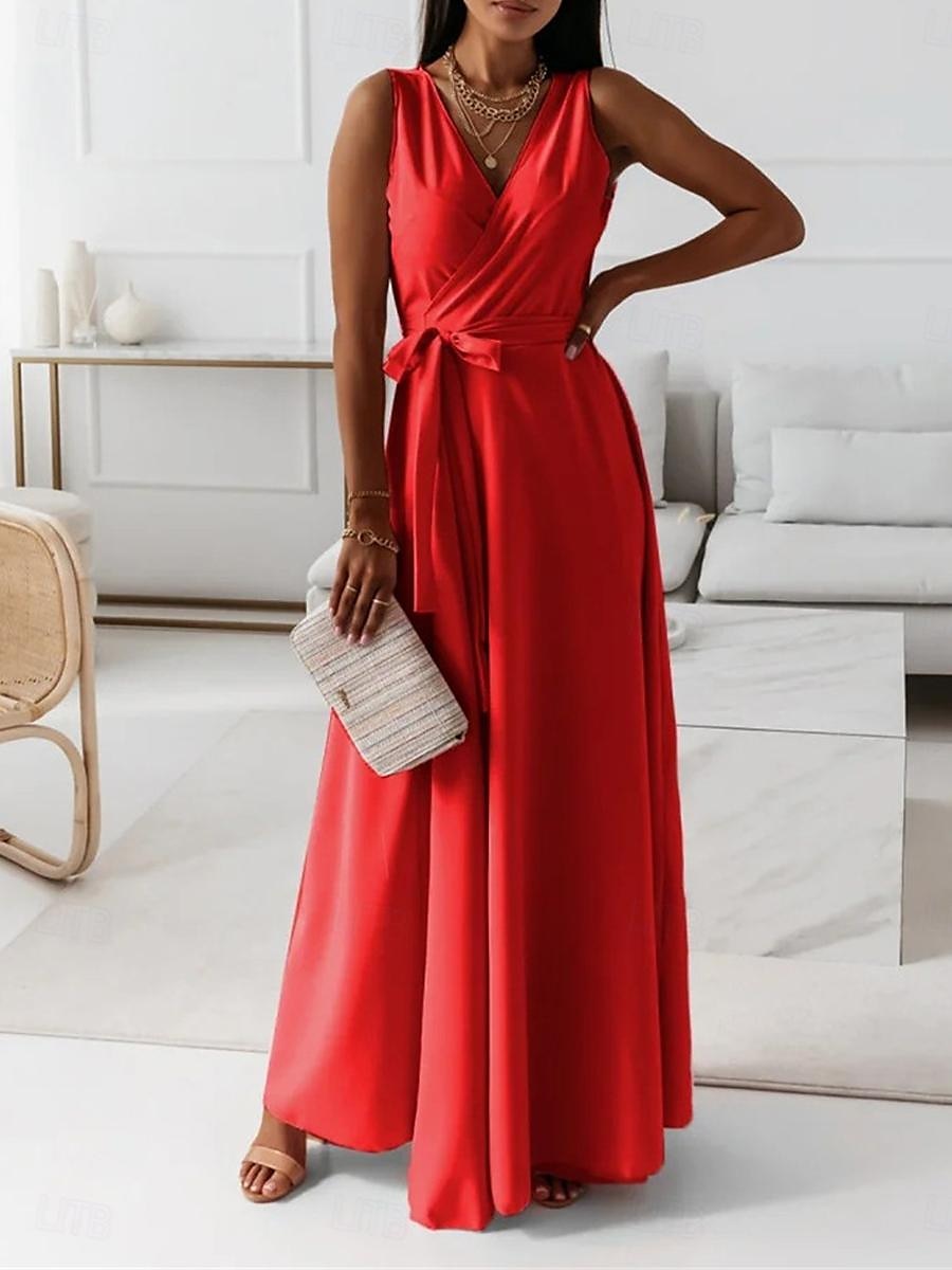 Women's Casual Dress Long Dress Maxi Dress Lace up Date Vacation Streetwear Maxi V Neck Sleeveless Pink Wine Red Color 2025 - $52.99 –P20