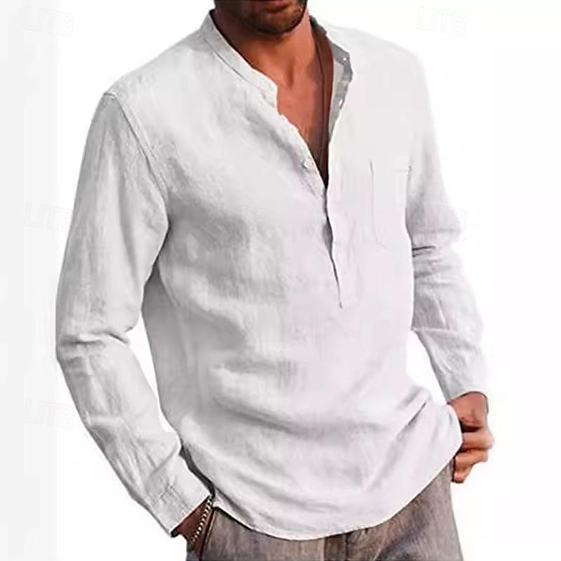 Camisas popover para hombre, color negro, azul marino, manga larga, lisas, estilo Henley, para vacaciones, estilo hawaiano, moda, informal, transpirable. 2025 - $19.49 –P3
