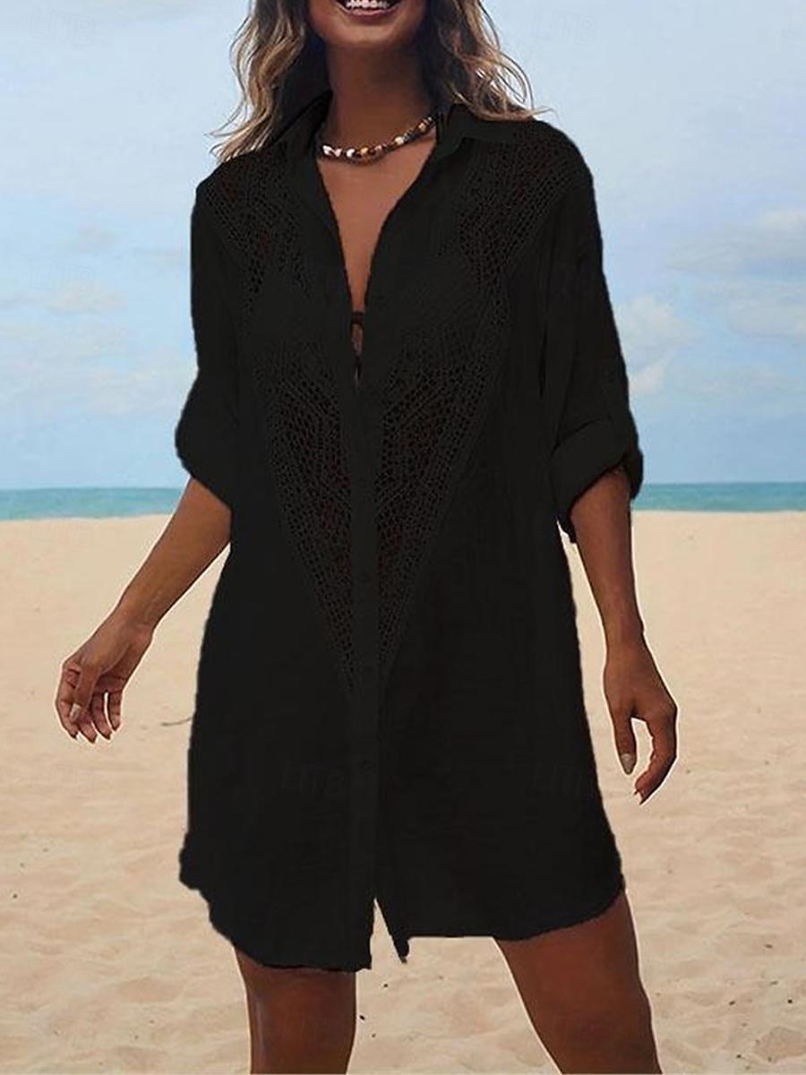 Pentru femei Rochie Mini Rochii inspirate din in Rochie albă Rochii Tip Cămașă Șal Hawaiană Vacanță Concediu Plajă Potrivire Largă Manșon Lung Guler Cămașă Negru Alb Vară 2025 - $32.99 –P9