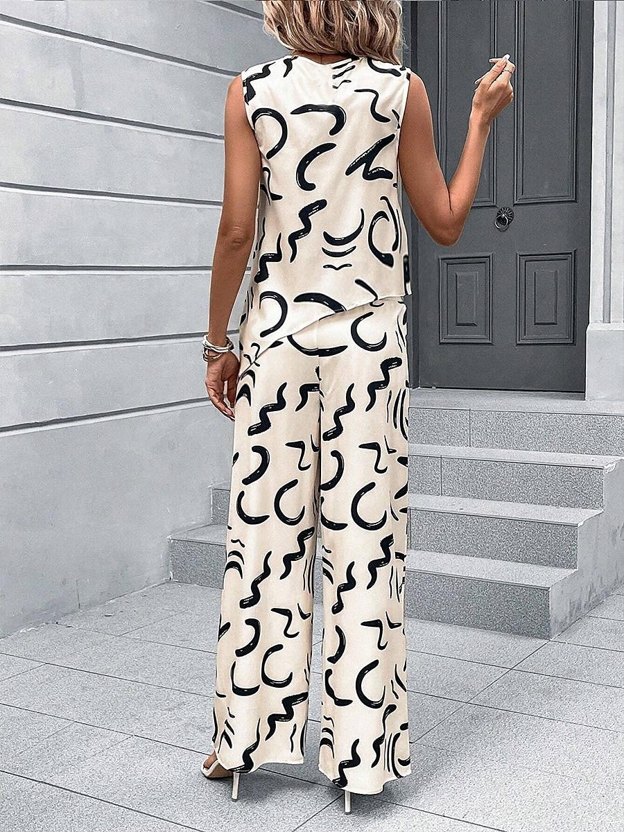 Damen 2 Teile Modisches Tanktop Hosen Sets Weite Hosen Langarm Ärmellos Rundhals Grafik Druck Lässig Täglich Beige Sommer Reguläre Passform 2025 - $44.99 –P3