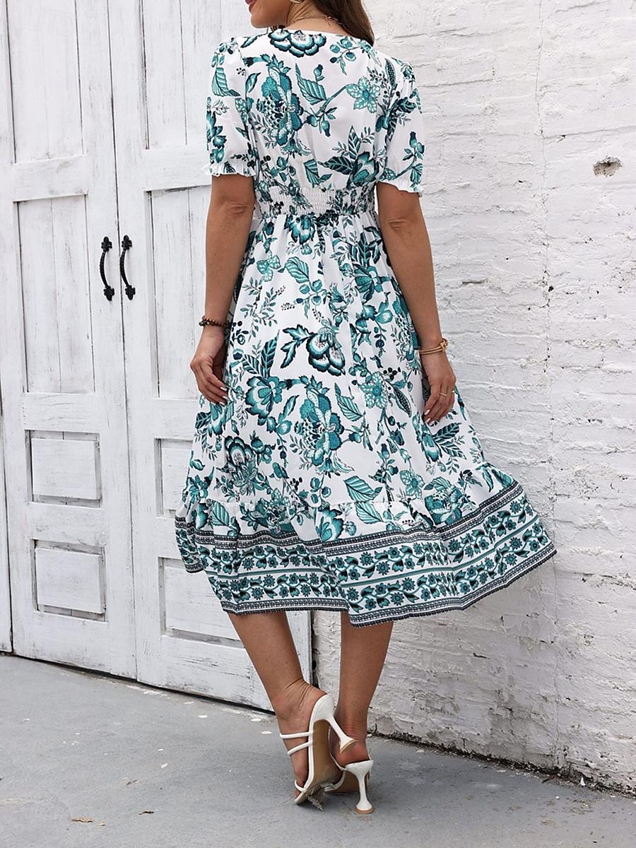 Damen Midikleid Casual kleid Schaukelkleid A Linie Kleid Sommerkleid Strassenmode A-Linie Urlaub Strasse Festtage Regular Fit Blumen Kurzarm V Ausschnitt Schwarz Rote Blau Grün Sommer 2026 - $27.99 –P15