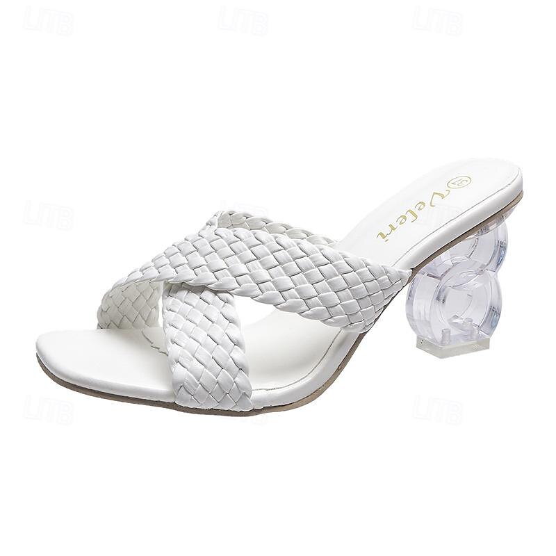 sandali bianchi intrecciati da donna - punta aperta, tacco spesso trasparente, scarpe estive alla moda per abbigliamento casual e da festa del 2025 a $29.99 –P2